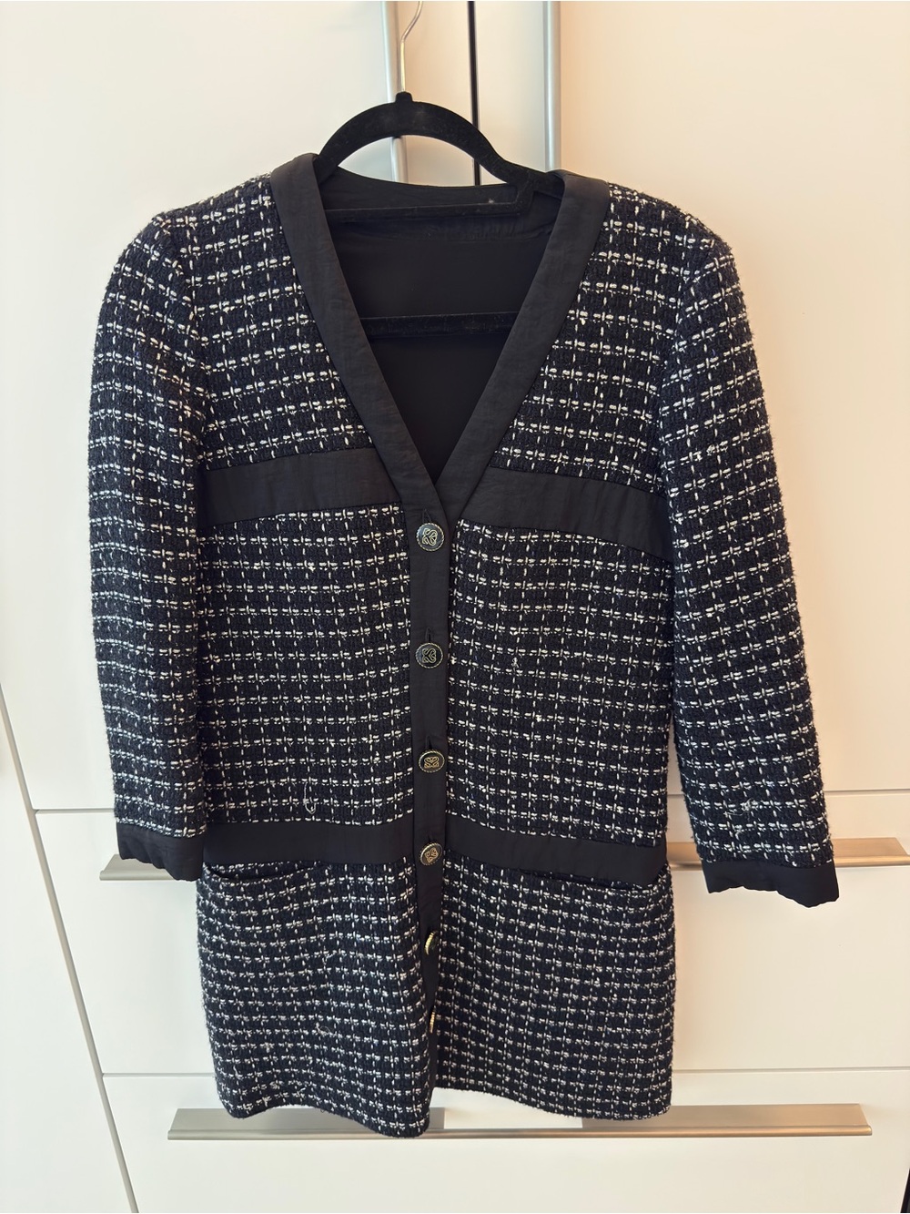 Sandro Black and Navy Tweed Blazer Dress with Silver stitching